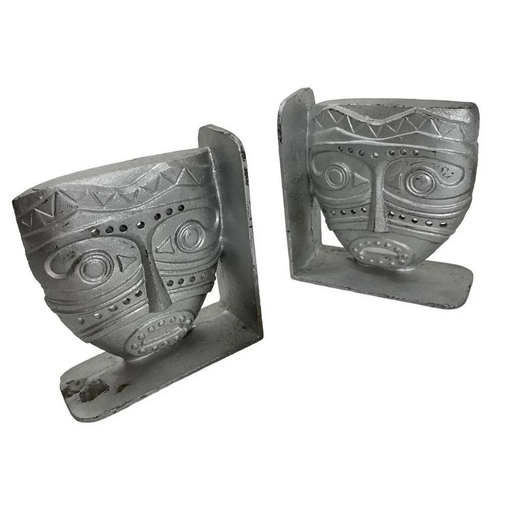 Tiki Mask Inspired Cast Iron Metal Bookends
